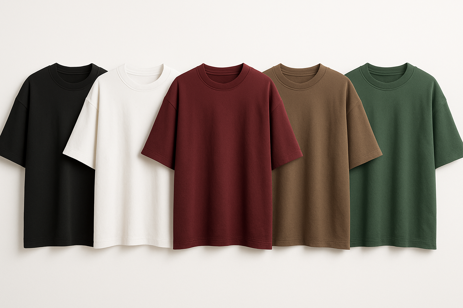 oversized drop shoulder adult size t shirt with black, white, maroon, coffee, green color in serial side by side